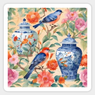 Chinoiserie jars, birds and flowers watercolor painting Sticker